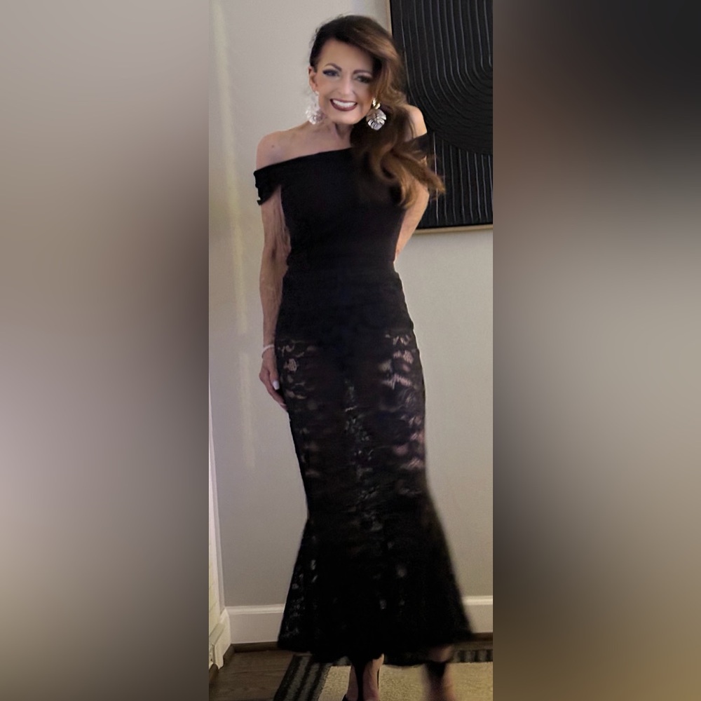 MAJORELLE Black bodysuit dress with lace overlay skirt. Size S worn once
